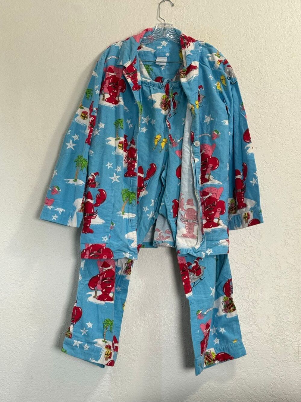 NICK & NORA Holiday Santa Lobster Claws Flannel Pajama Set XL Christmas